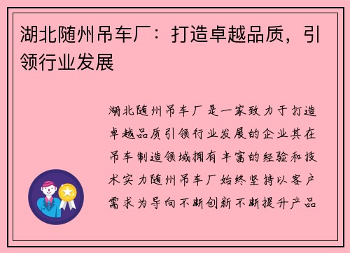 湖北随州吊车厂：打造卓越品质，引领行业发展